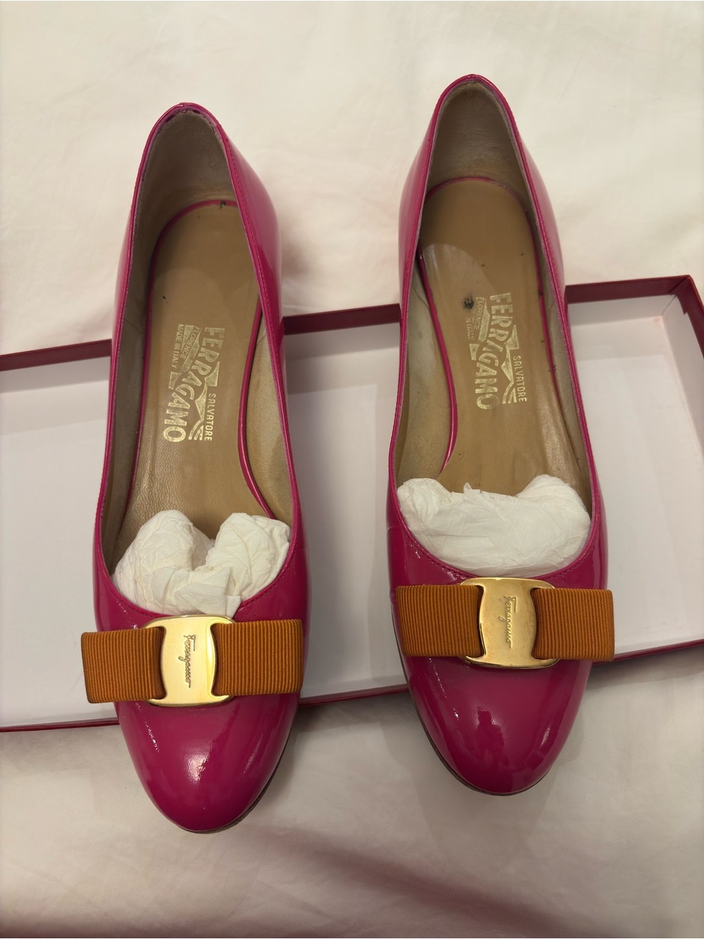 Salvatore Ferragamo Fuchsia Patent Leather Vara Bow Flats with Gold Accent